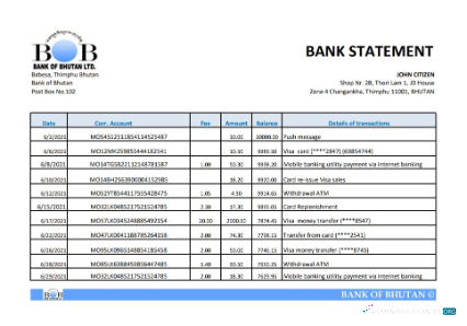 Download Bhutan Bank of Bhutan bank statement excel Photoshop template